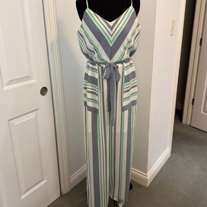 Monteau Blue & Green Striped Wide Leg Jumpsuit- Size  L - Spring/Summer